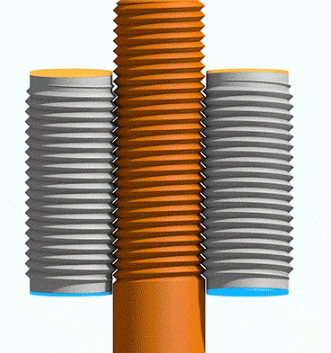 Visual of the thread rolling process being used to make a lead screw