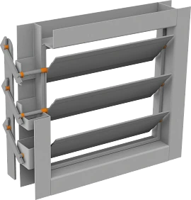 A multi-leaf HVAC damper with bearings highlighted in orange, showing where they are used in the damper