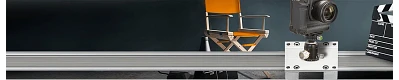 film director chair, DSLR camera, clapper, linear slide