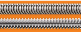 Close-up of two igus ACME lead screws with a robust trapezoidal thread profile, featuring a flatter, wider crest and steeply angled flanks designed for high load capacity and efficient power transmission. The precision-cut threads provide durability and smooth, reliable motion in applications requiring minimal backlash.