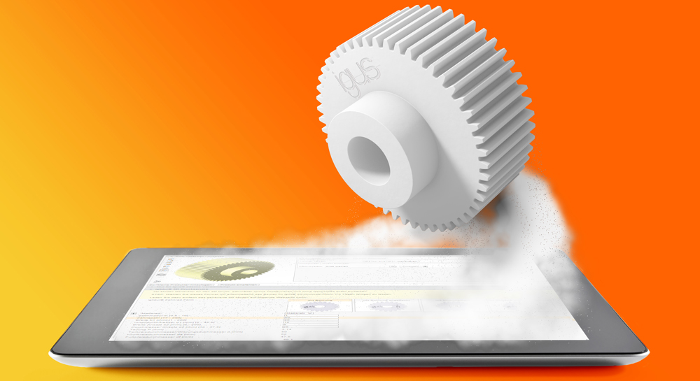 A 3D printed gear above a tablet with the igus gear configurator