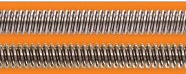 Two stainless steel trapezoidal lead screws stacked vertically. The top screw features a thread with a wide, flat crest and angled flanks, slanting downward to the left. The bottom screw has a similar thread profile with angled flanks, slanting downward to the right. This precise thread geometry is designed for high load capacity and efficient power transmission, ensuring smooth operation in mechanical systems.